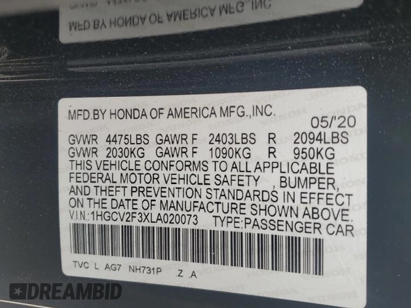2020 Honda Accord Sport with VIN 1HGCV2F3XLA020073, listed as a Copart auction lot 57354185 with 41,649 mi miles and Salvage title. Bid and sale history available at DreamBid. Image 12.