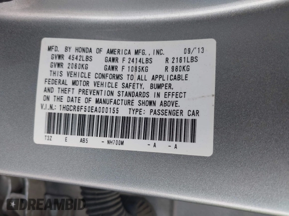 2014 Honda Accord EX-L with VIN 1HGCR6F50EA000155, listed as a IAAI auction lot 42246461 with 94,227 mi miles and . Bid and sale history available at DreamBid. Image 9.