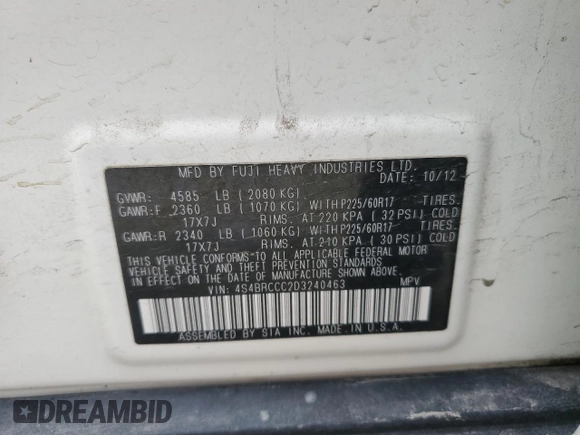 2013 Subaru Outback Premium z VIN 4S4BRCCC2D3240463, wystawiony jako Copart lot #53170745 z przebiegiem 107 462 mil mil oraz Szkoda całkowita • Salvage title. Historia ofert i sprzedaży dostępna na DreamBid. Obrazek 12.