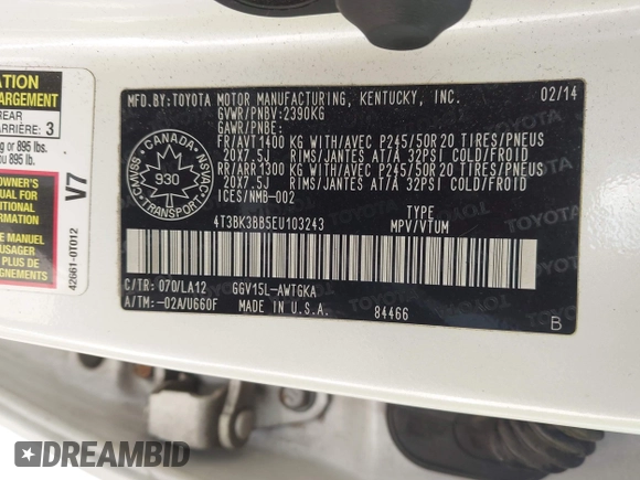 2014 Toyota Venza XLE z VIN 4T3BK3BB5EU103243, wystawiony jako IAAI lot #42001377 z przebiegiem 143 649 mil mil oraz . Historia ofert i sprzedaży dostępna na DreamBid. Obrazek 9.