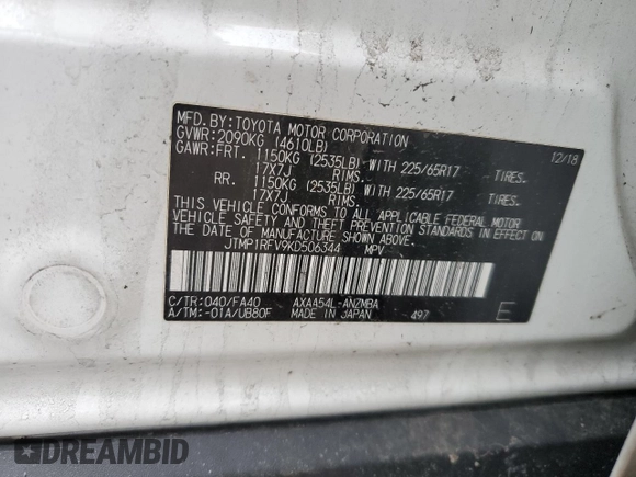 2019 Toyota RAV4 XLE with VIN JTMP1RFV9KD506344, listed as a Copart auction lot 47898145 with 100,718 mi miles and Salvage Title. Bid and sale history available at DreamBid. Image 13.