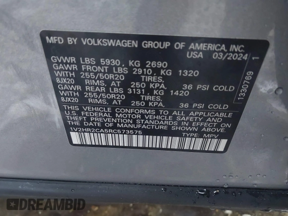 2024 Volkswagen Atlas SE z VIN 1V2HR2CA5RC573575, wystawiony jako IAAI lot #41508927 z przebiegiem 2 647 mil mil oraz . Historia ofert i sprzedaży dostępna na DreamBid. Obrazek 9.