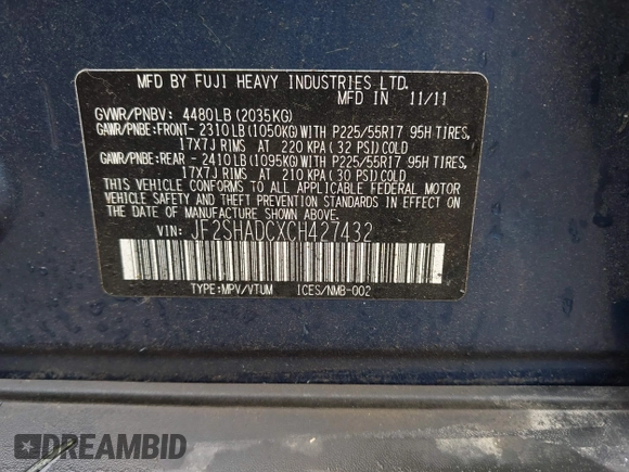2012 Subaru Forester X Premium with VIN JF2SHADCXCH427432, listed as a IAAI auction lot 42357496 with 165,325 mi miles and . Bid and sale history available at DreamBid. Image 9.