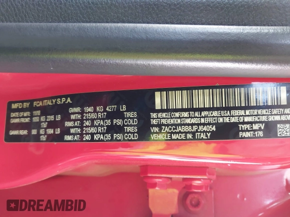 2018 Jeep Renegade Latitude z VIN ZACCJABB8JPJ64054, wystawiony jako IAAI lot #42405048 z przebiegiem 84 708 mil mil oraz . Historia ofert i sprzedaży dostępna na DreamBid. Obrazek 9.