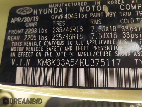 2019 Hyundai Kona Limited with VIN KM8K33A54KU375117, listed as a IAAI auction lot 41154823 with 81,716 mi miles and . Bid and sale history available at DreamBid. Image 9.