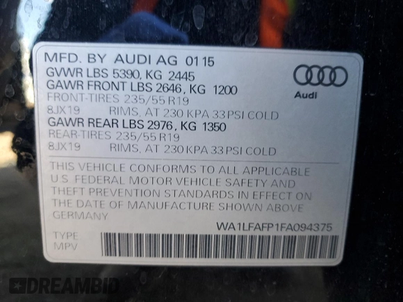 2015 Audi Q5 Premium Plus with VIN WA1LFAFP1FA094375, listed as a Copart auction lot 53404925 with 80,730 mi miles and Salvage title. Bid and sale history available at DreamBid. Image 15.