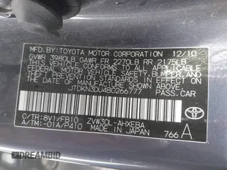 2011 Toyota Prius I with VIN JTDKN3DU4B0266777, listed as a IAAI auction lot 41577700 with 178,838 mi miles. Bid and sale history available at carsss.com. Image 9.