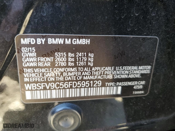 2015 BMW M5 with VIN WBSFV9C56FD595129, listed as a Copart auction lot 41926774 with 65,936 mi miles. Bid and sale history available at carsss.com. Image 12.