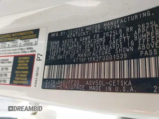2015 Toyota Camry XLE with VIN 4T1BF1FK2FU001539, listed as a IAAI auction lot 41958674 with 163,758 mi miles and . Bid and sale history available at DreamBid. Image 9.