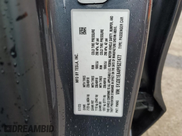 2023 Tesla Model 3 z VIN 5YJ3E1EA4PF627477, wystawiony jako Copart lot #58573825 z przebiegiem 19 018 mil mil oraz Szkoda całkowita • Salvage title. Historia ofert i sprzedaży dostępna na DreamBid. Obrazek 12.