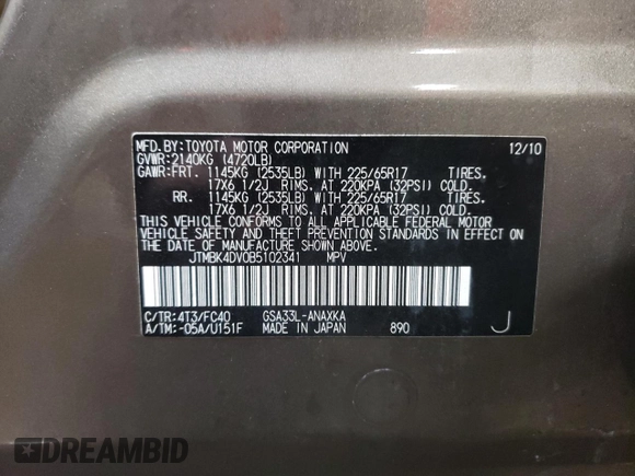 2011 Toyota RAV4 with VIN JTMBK4DV0B5102341, listed as a Copart auction lot 45284635 with 173,049 mi miles and Salvage Title. Bid and sale history available at carsss.com. Image 13.