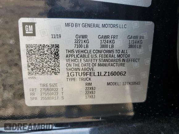 2020 GMC Sierra 1500 Denali with VIN 1GTU9FEL1LZ160062, listed as a Copart auction lot 59551395 with 106,223 mi miles and Salvage title. Bid and sale history available at DreamBid. Image 12.