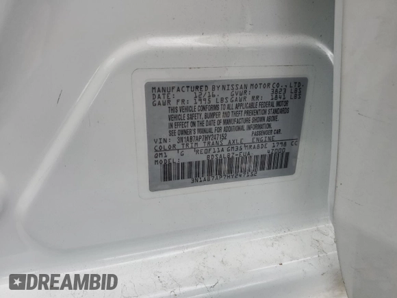 2017 Nissan Sentra S with VIN 3N1AB7AP7HY247152, listed as a Copart auction lot 62853245 with 123,106 mi miles and Salvage title. Bid and sale history available at DreamBid. Image 13.