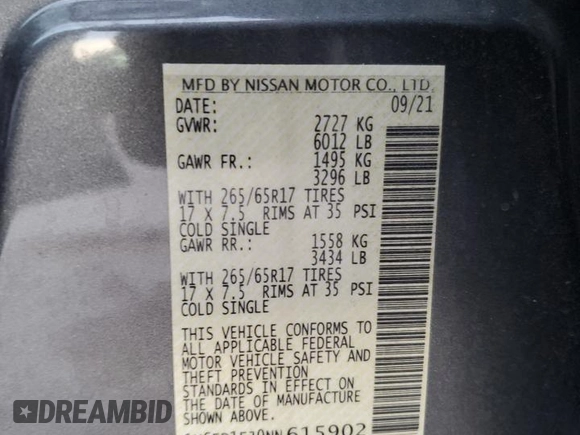 2022 Nissan Frontier SV with VIN 1N6ED1EJ0NN615902, listed as a Copart auction lot 59727044 with 0 mi miles and Non Repairable. Bid and sale history available at carsss.com. Image 12.