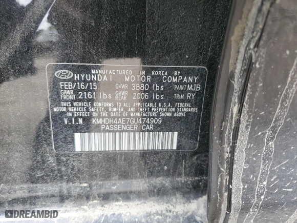 2016 Hyundai Elantra Value Edition with VIN KMHDH4AE7GU474909, listed as a Copart auction lot 53923735 with 168,676 mi miles and Clean Title. Bid and sale history available at carsss.com. Image 12.