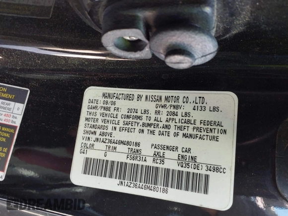2006 Nissan 350Z Touring with VIN JN1AZ36A46M480186, listed as a IAAI auction lot 41663579 with 114,176 mi miles. Bid and sale history available at carsss.com. Image 9.