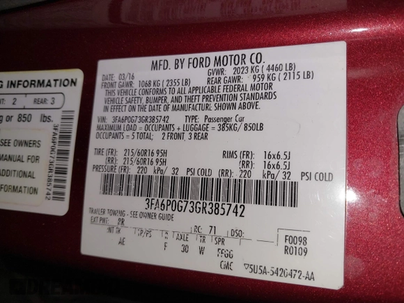2016 Ford Fusion S with VIN 3FA6P0G73GR385742, listed as a IAAI auction lot 42565919 with 80,837 mi miles and . Bid and sale history available at DreamBid. Image 9.