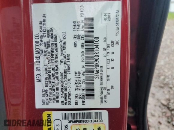 2013 Ford Fusion Titanium with VIN 3FA6P0K90DR104100, listed as a Copart auction lot 54822345 with 306,574 mi miles and Salvage Title. Bid and sale history available at DreamBid. Image 12.