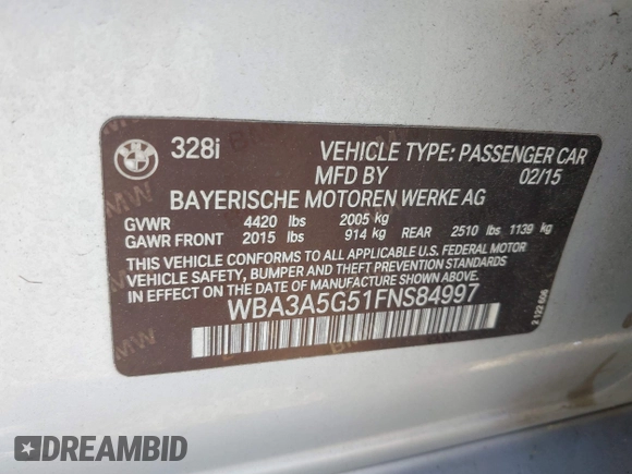2015 BMW 3 Series 328i с VIN WBA3A5G51FNS84997, выставлен на аукционе IAAI как лот 42223796 с пробегом 109 597 миль миль и . История ставок и продаж доступна на DreamBid. Изображение 9.