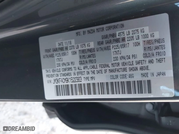 2019 Mazda CX-5 Touring with VIN JM3KFACM9K1522383, listed as a IAAI auction lot 40930431 with NaN miles. Bid and sale history available at carsss.com. Image 9.