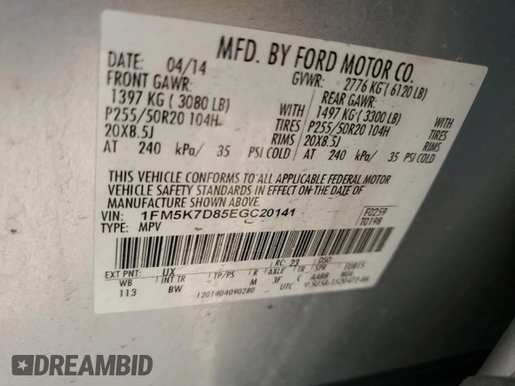2014 Ford Explorer XLT с VIN 1FM5K7D85EGC20141, выставлен на аукционе Copart как лот 59088545 с пробегом Не указан миль и Списание • Salvage title. История ставок и продаж доступна на DreamBid. Изображение 13.