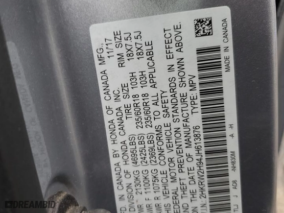 2018 Honda CR-V Touring with VIN 2HKRW2H94JH613876, listed as a Copart auction lot 45150615 with 0 mi miles and Salvage Title. Bid and sale history available at carsss.com. Image 14.