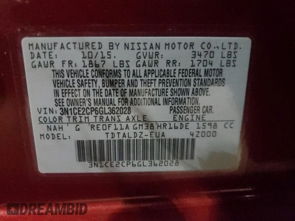2016 Nissan Note SR z VIN 3N1CE2CP6GL362028, wystawiony jako Copart lot #85594244 z przebiegiem 99 837 mil mil oraz Czysty tytuł • Clean title. Historia ofert i sprzedaży dostępna na DreamBid. Obrazek 13.