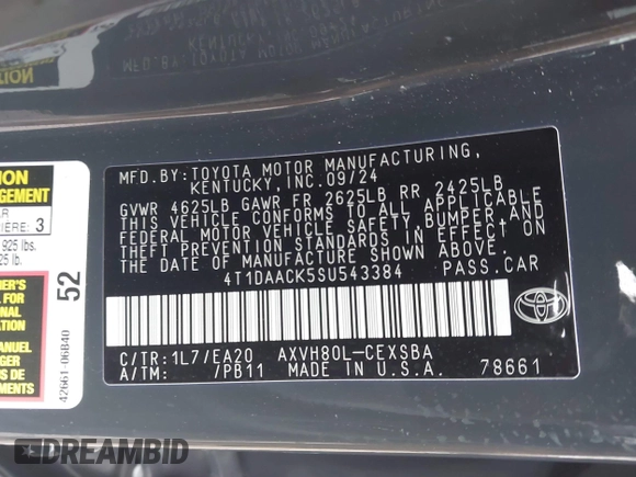 2025 Toyota Camry LE z VIN 4T1DAACK5SU543384, wystawiony jako IAAI lot #41522073 z przebiegiem 27 308 mil mil oraz . Historia ofert i sprzedaży dostępna na DreamBid. Obrazek 9.
