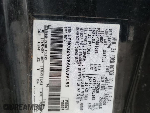 1995 Ford Explorer z VIN 1FMCU24X8SUA09153, wystawiony jako Copart lot #87551015 z przebiegiem 143 069 mil mil oraz Szkoda całkowita • Salvage title. Historia ofert i sprzedaży dostępna na DreamBid. Obrazek 13.