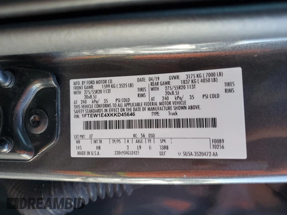 2019 Ford F-150 XL with VIN 1FTEW1E4XKKD45646, listed as a Copart auction lot 57878695 with 122,243 mi miles and Salvage title. Bid and sale history available at DreamBid. Image 12.