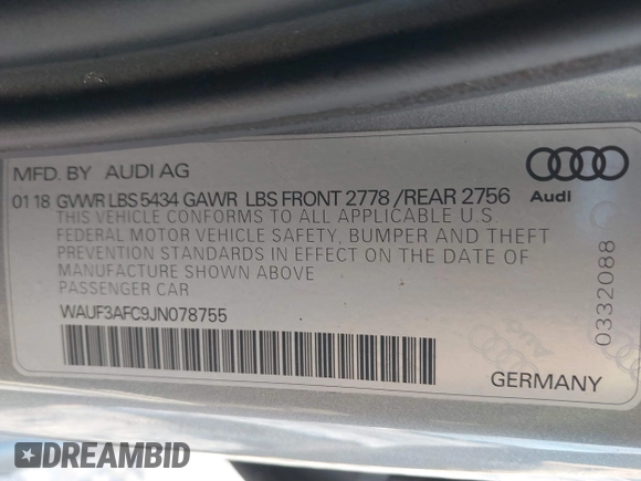 2018 Audi A6 Sport with VIN WAUF3AFC9JN078755, listed as a IAAI auction lot 41398722 with 51,677 mi miles. Bid and sale history available at carsss.com. Image 9.