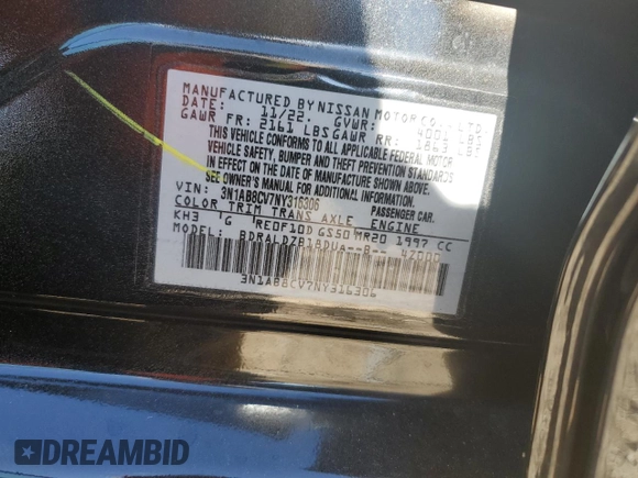 2022 Nissan Sentra SV with VIN 3N1AB8CV7NY316306, listed as a Copart auction lot 47301205 with 52,171 mi miles and Salvage Title. Bid and sale history available at carsss.com. Image 14.