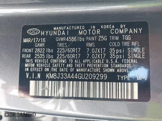 2016 Hyundai Tucson SE with VIN KM8J33A44GU209299, listed as a IAAI auction lot 41793611 with 42,417 mi miles. Bid and sale history available at carsss.com. Image 9.