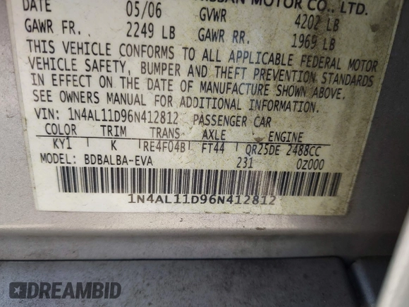 2006 Nissan Altima 2.5 with VIN 1N4AL11D96N412812, listed as a IAAI auction lot 42398083 with 214,369 mi miles and . Bid and sale history available at DreamBid. Image 9.