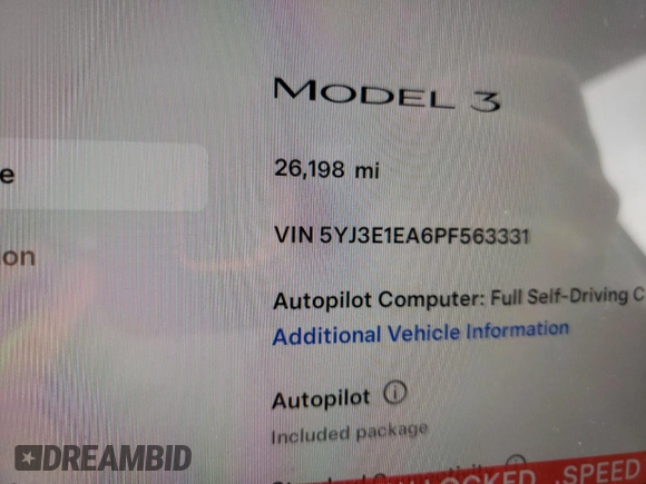2023 Tesla Model 3 with VIN 5YJ3E1EA6PF563331, listed as a Copart auction lot 61124715 with 26,198 mi miles and Salvage title. Bid and sale history available at DreamBid. Image 9.