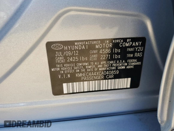 2012 Hyundai Sonata Hybrid with VIN KMHEC4A4XCA040859, listed as a Copart auction lot 63808295 with 110,339 mi miles and Salvage title. Bid and sale history available at DreamBid. Image 12.