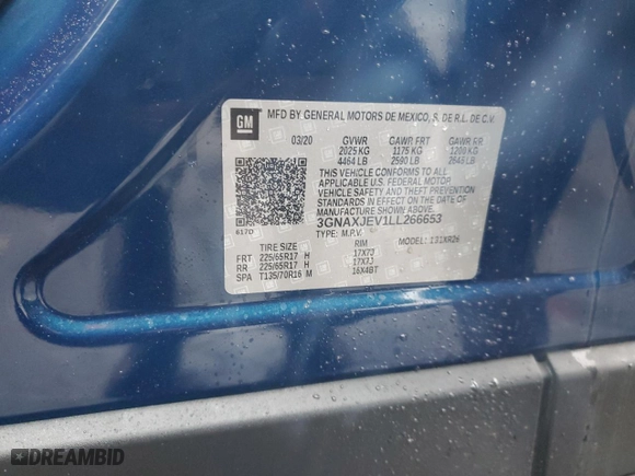 2020 Chevrolet Equinox LT with VIN 3GNAXJEV1LL266653, listed as a Copart auction lot 46969255 with 52,789 mi miles and Non Repairable. Bid and sale history available at carsss.com. Image 13.