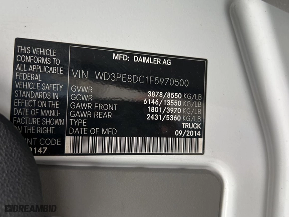 2015 Mercedes-Benz Sprinter Cargo Vans EXT with VIN WD3PE8DC1F5970500, listed as a Copart auction lot 51856245 with NaN miles and Clean Title. Bid and sale history available at carsss.com. Image 10.