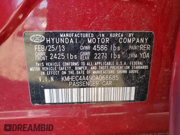 2013 Hyundai Sonata Limited with VIN KMHEC4A49DA068685, listed as a Copart auction lot 76242854 with 119,179 mi miles and Salvage Title. Bid and sale history available at carsss.com. Image 12.