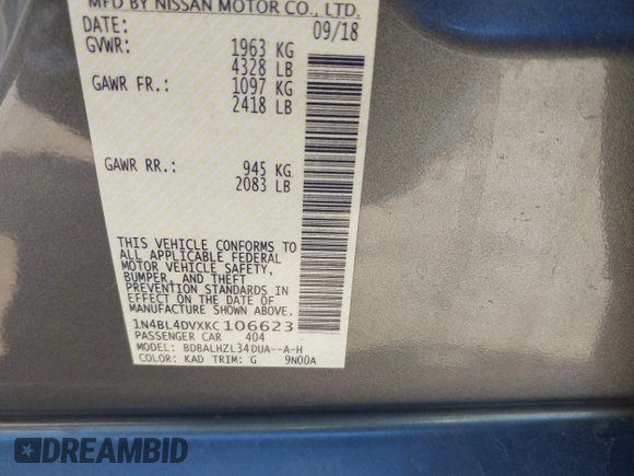 2019 Nissan Altima SV with VIN 1N4BL4DVXKC106623, listed as a IAAI auction lot 41889628 with 47,052 mi miles and . Bid and sale history available at DreamBid. Image 9.