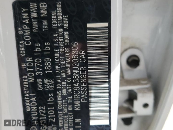 2022 Hyundai Venue SEL with VIN KMHRC8A38NU208306, listed as a Copart auction lot 58623695 with 20,122 mi miles and Salvage title. Bid and sale history available at DreamBid. Image 14.