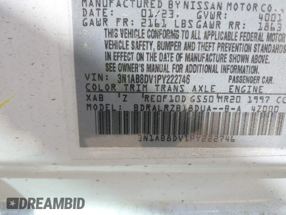 2023 Nissan Sentra SR with VIN 3N1AB8DV1PY222746, listed as a IAAI auction lot 42026639 with 22,160 mi miles and . Bid and sale history available at DreamBid. Image 9.
