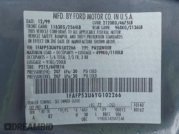 2000 Ford Taurus SE with VIN 1FAFP53U6YG102266, listed as a IAAI auction lot 41752822 with 126,396 mi miles and . Bid and sale history available at DreamBid. Image 9.