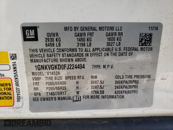 2015 Chevrolet Traverse LT with VIN 1GNKVGKD0FJ224494, listed as a Copart auction lot 52677925 with 170,623 mi miles and Clean Title. Bid and sale history available at DreamBid. Image 13.