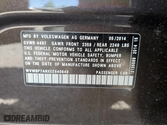 2014 Volkswagen CC R-Line с VIN WVWBP7ANXEE540649, выставлен на аукционе Copart как лот 53528915 с пробегом 42 194 миль миль и Списание • Salvage title. История ставок и продаж доступна на DreamBid. Изображение 12.