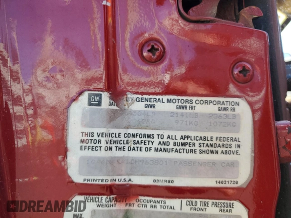1983 Buick Regal with VIN 1G4AM47A1DH963801, listed as a Copart auction lot 42805055 with 163,296 mi miles and Salvage Title. Bid and sale history available at DreamBid. Image 12.