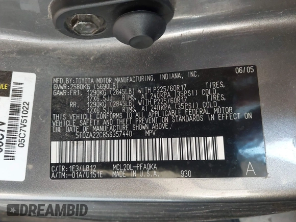2005 Toyota Sienna XLE with VIN 5TDZA22C85S357440, listed as a IAAI auction lot 41227446 with 225,542 mi miles and . Bid and sale history available at DreamBid. Image 9.