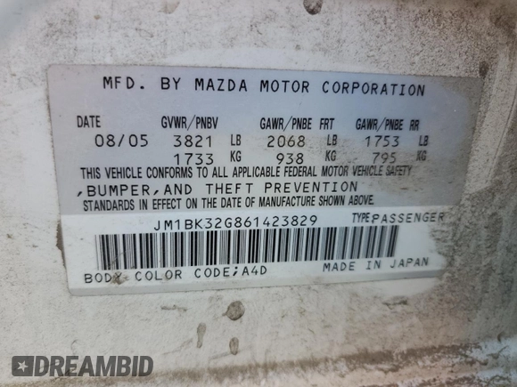 2006 Mazda 3 i Touring with VIN JM1BK32G861423829, listed as a Copart auction lot 46160605 with 135,770 mi miles and Clean Title. Bid and sale history available at DreamBid. Image 12.