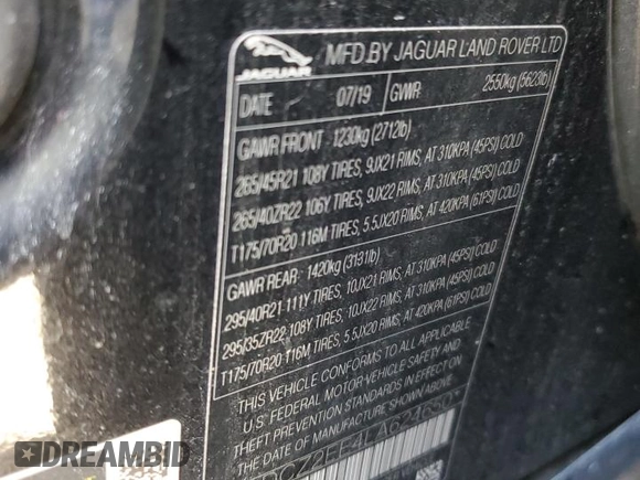 2020 Jaguar F-Pace SVR with VIN SADCZ2EE4LA624650, listed as a Copart auction lot 41261784 with 67,148 mi miles and Salvage Title. Bid and sale history available at DreamBid. Image 13.