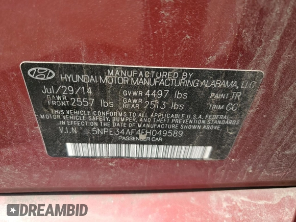 2015 Hyundai Sonata Sport with VIN 5NPE34AF4FH049589, listed as a Copart auction lot 54832855 with Not provided miles and Salvage title. Bid and sale history available at DreamBid. Image 12.